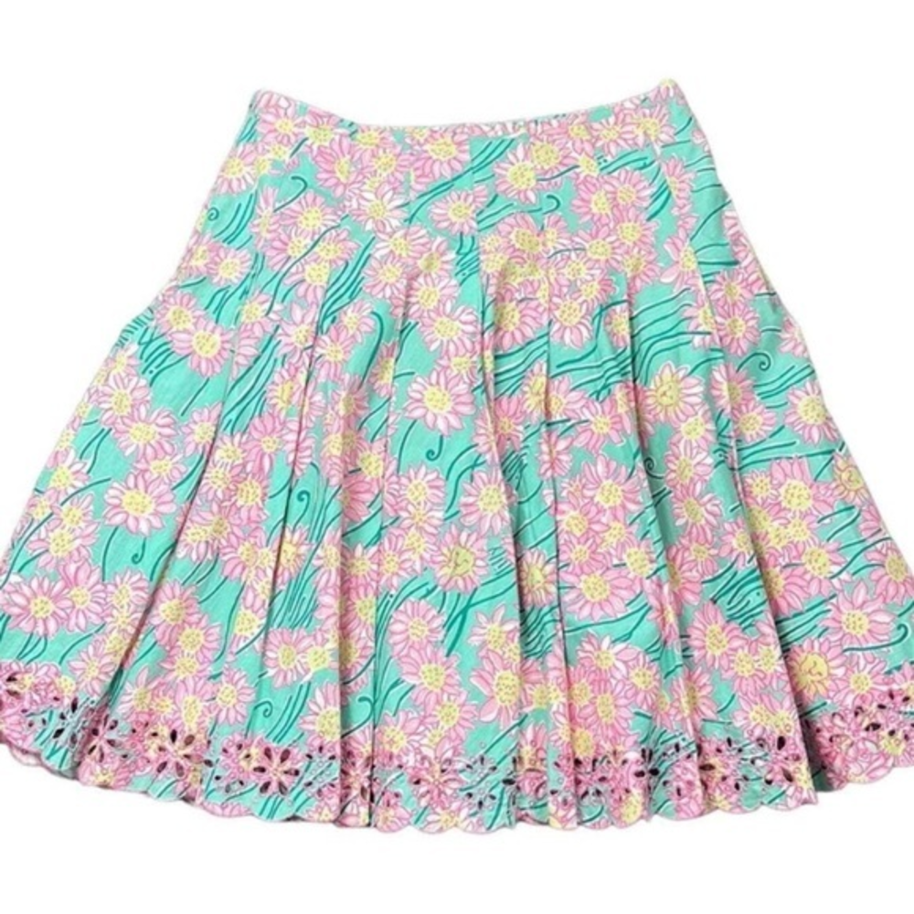 Vintage Lilly Pulitzer Aqua Pink Floral A-Line Eyelet Hem Pleated Skirt Size 4